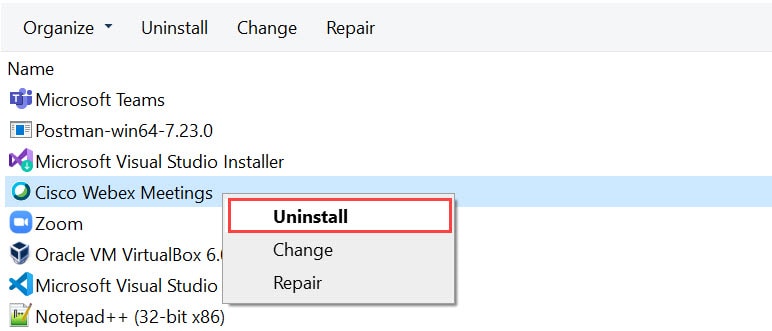 วิธีถอนการติดตั้งโปรแกรม Cisco Webex Meetings บน Windows
