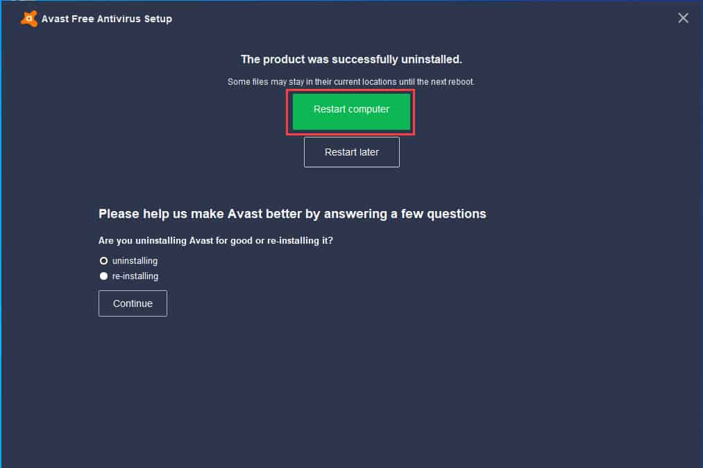 วิธีถอนการติดตั้งโปรแกรม Avast Free Antivirus