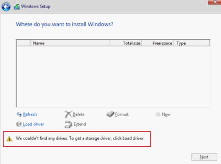 วิธีแก้ไขการติดตั้ง Windows แล้วไม่เจอฮาร์ดดิสก์ We couldn’t find any drives. To get a storage driver, click Load driver.