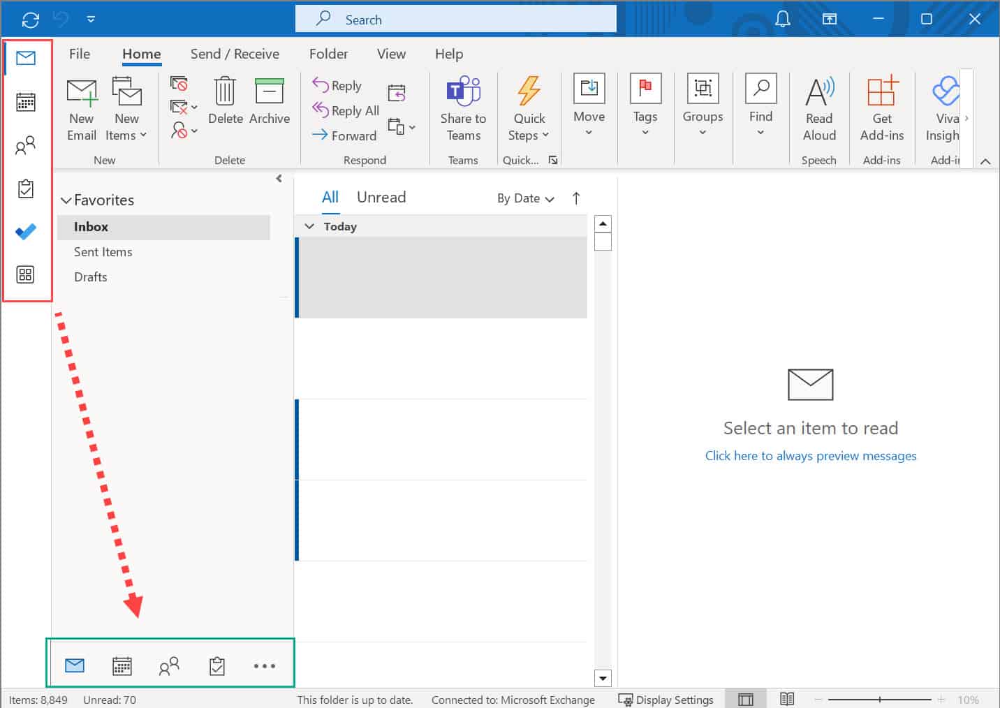 วิธีย้ายตำแหน่ง Navigation Pane ใน Outlook จากด้านซ้าย เป็น ด้านล่าง