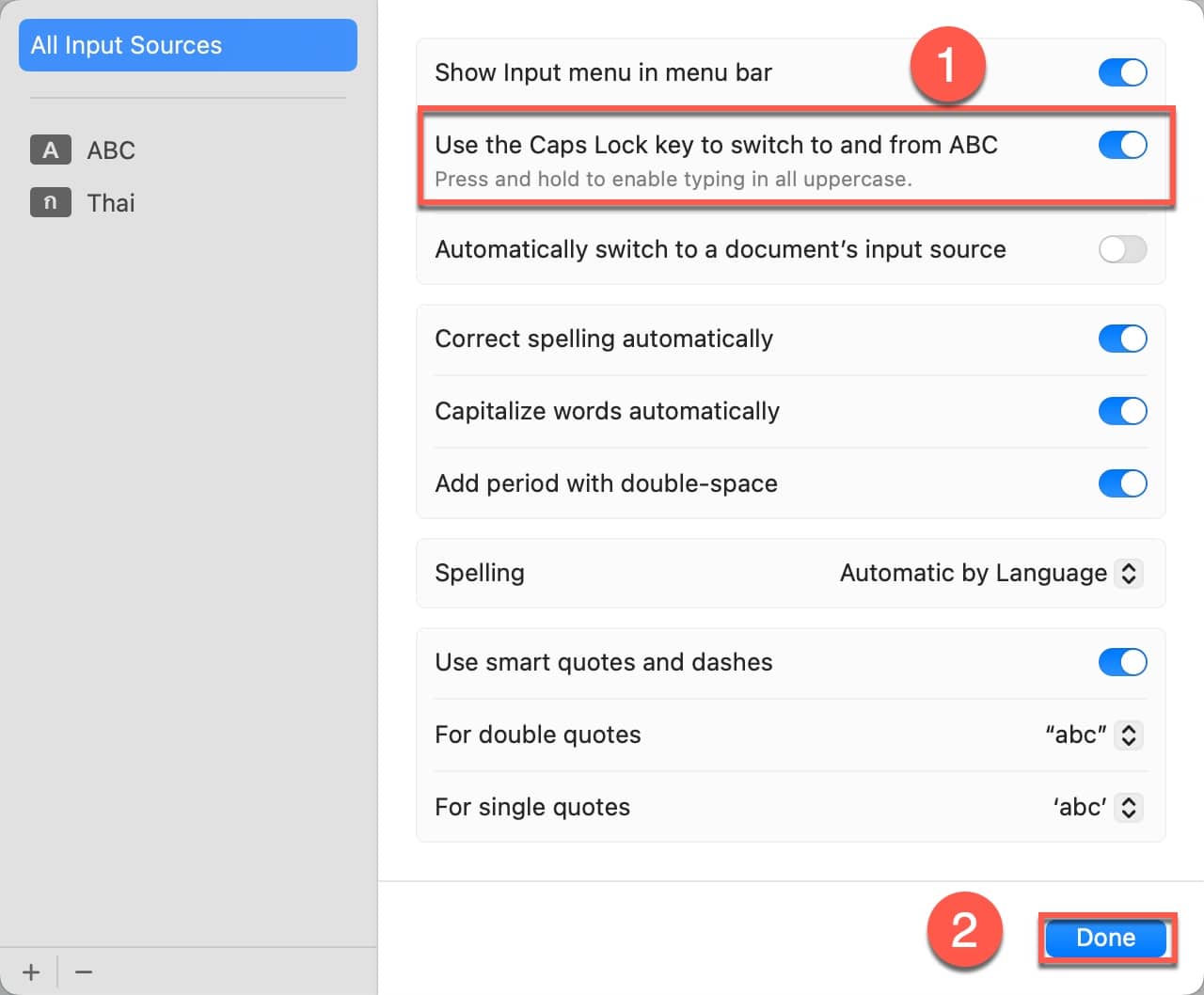 macOS ตั้งค่าปุ่มเปลี่ยนภาษาไทย+อังกฤษ โดยใช้ปุ่ม Caps Lock